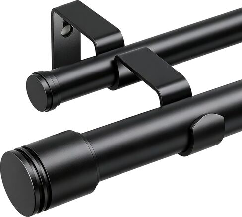 USFOOK 1 Inch Black Double Curtain Rods for Windows 66 to 120 Inches (5.5 to 10 Ft), Dual Drapery Rods with Classic Cap Finial, Adjustable Window Curtain Rod for Living Room in Saudi Arabia