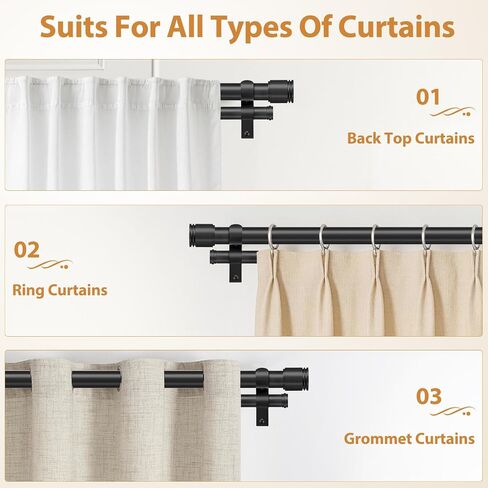 USFOOK 1 Inch Black Double Curtain Rods for Windows 66 to 120 Inches (5.5 to 10 Ft), Dual Drapery Rods with Classic Cap Finial, Adjustable Window Curtain Rod for Living Room in Saudi Arabia