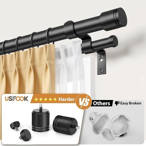 USFOOK 1 Inch Black Double Curtain Rods for Windows 66 to 120 Inches (5.5 to 10 Ft), Dual Drapery Rods with Classic Cap Finial, Adjustable Window Curtain Rod for Living Room in Saudi Arabia