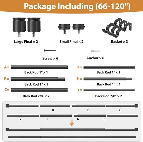 USFOOK 1 Inch Black Double Curtain Rods for Windows 66 to 120 Inches (5.5 to 10 Ft), Dual Drapery Rods with Classic Cap Finial, Adjustable Window Curtain Rod for Living Room in Saudi Arabia