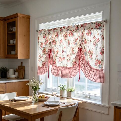 Vintage Rose Floral Short Curtain Valance Farmhouse Adjustable Tie Up Balloon Curtain for Kitchen Sink Bathroom Laundry Room Window Drapes with Red Plaid Trim Rod Pocket Top 1 Panel W59 x L20 Inch in Saudi Arabia