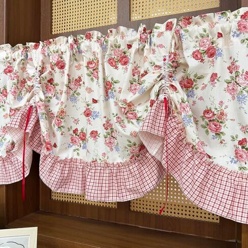 Vintage Rose Floral Short Curtain Valance Farmhouse Adjustable Tie Up Balloon Curtain for Kitchen Sink Bathroom Laundry Room Window Drapes with Red Plaid Trim Rod Pocket Top 1 Panel W59 x L20 Inch in Saudi Arabia