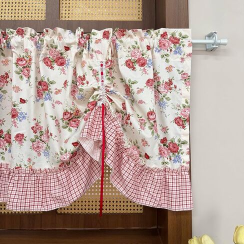 Vintage Rose Floral Short Curtain Valance Farmhouse Adjustable Tie Up Balloon Curtain for Kitchen Sink Bathroom Laundry Room Window Drapes with Red Plaid Trim Rod Pocket Top 1 Panel W59 x L20 Inch in Saudi Arabia