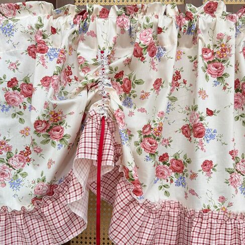 Vintage Rose Floral Short Curtain Valance Farmhouse Adjustable Tie Up Balloon Curtain for Kitchen Sink Bathroom Laundry Room Window Drapes with Red Plaid Trim Rod Pocket Top 1 Panel W59 x L20 Inch in Saudi Arabia