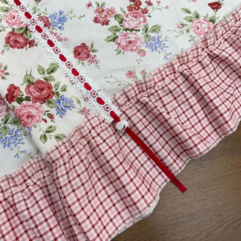 Vintage Rose Floral Short Curtain Valance Farmhouse Adjustable Tie Up Balloon Curtain for Kitchen Sink Bathroom Laundry Room Window Drapes with Red Plaid Trim Rod Pocket Top 1 Panel W59 x L20 Inch in Saudi Arabia