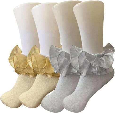 Women Ruffle Dress Socks 2 Pairs Shimmer Frilly Lace Glitter Cute Princess Socks for Women Daily Wear Party Wedding in Kuwait