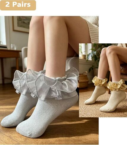 Women Ruffle Dress Socks 2 Pairs Shimmer Frilly Lace Glitter Cute Princess Socks for Women Daily Wear Party Wedding in Kuwait