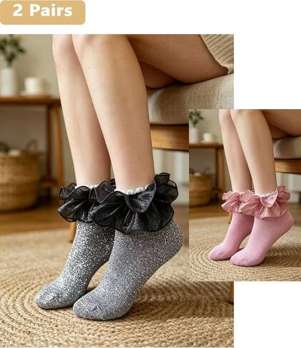 Women Ruffle Dress Socks 2 Pairs Shimmer Frilly Lace Glitter Cute Princess Socks for Women Daily Wear Party Wedding in Kuwait