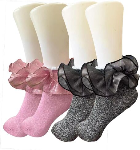 Women Ruffle Dress Socks 2 Pairs Shimmer Frilly Lace Glitter Cute Princess Socks for Women Daily Wear Party Wedding in Kuwait