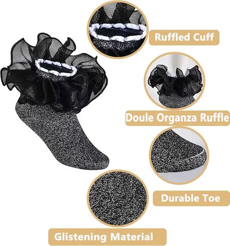 Women Ruffle Dress Socks 2 Pairs Shimmer Frilly Lace Glitter Cute Princess Socks for Women Daily Wear Party Wedding in Kuwait