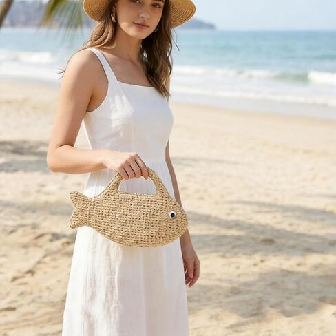 Women’s Fish Shaped Straw Woven Beach Bag - Mini Clutch Purse Tote for Summer Spring, Novelty Handheld in Kuwait