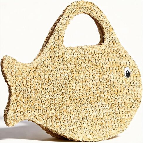 Women’s Fish Shaped Straw Woven Beach Bag - Mini Clutch Purse Tote for Summer Spring, Novelty Handheld in Kuwait