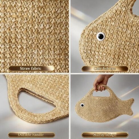 Women’s Fish Shaped Straw Woven Beach Bag - Mini Clutch Purse Tote for Summer Spring, Novelty Handheld in Kuwait