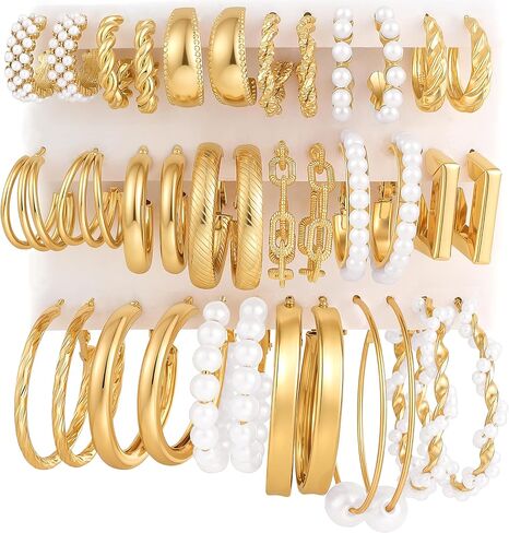 18 Pairs Gold Hoop Earrings Set for Women, Trendy Stackable Chunky Twisted Pearl Hoop Earrings Pack, Mixed Style for Multiple Piercings Perfect Women Gifts in Kuwait