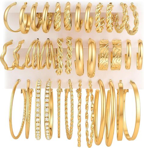 18 Pairs Gold Hoop Earrings Set for Women, Trendy Stackable Chunky Twisted Pearl Hoop Earrings Pack, Mixed Style for Multiple Piercings Perfect Women Gifts in Saudi Arabia