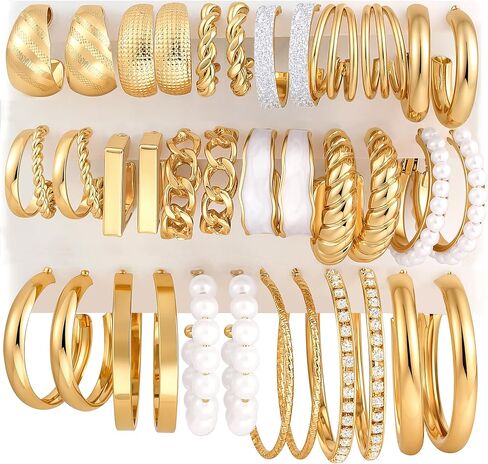 18 Pairs Gold Hoop Earrings Set for Women, Trendy Stackable Chunky Twisted Pearl Hoop Earrings Pack, Mixed Style for Multiple Piercings Perfect Women Gifts in Saudi Arabia