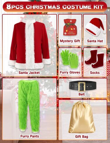 Buheco Christmas Costume for Men 7PCS Deluxe Adult Santa Outfit Suit Furry Professional Xmas Halloween Monster Cosplay Adults in Saudi Arabia