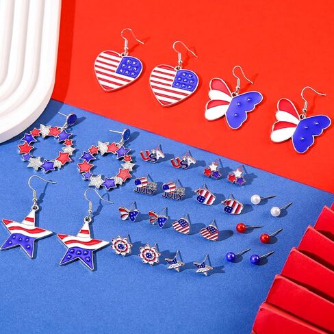 30 Pieces 4th of July Earring Stud Patriotic Earrings Set for Women Enamel Heart Star Butterfly USA Flag Earring Hypoallergenic Independence Day Earrings Jewelry Accessories in Saudi Arabia