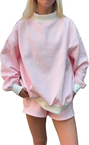 Women Oversized Mockneck Sweatshirt Striped Mock Neck Long Sleeve Pullover Sweatshirts Fall Winter Lounge Tops Pink in Saudi Arabia