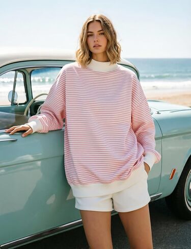 Women Oversized Mockneck Sweatshirt Striped Mock Neck Long Sleeve Pullover Sweatshirts Fall Winter Lounge Tops Pink in Saudi Arabia