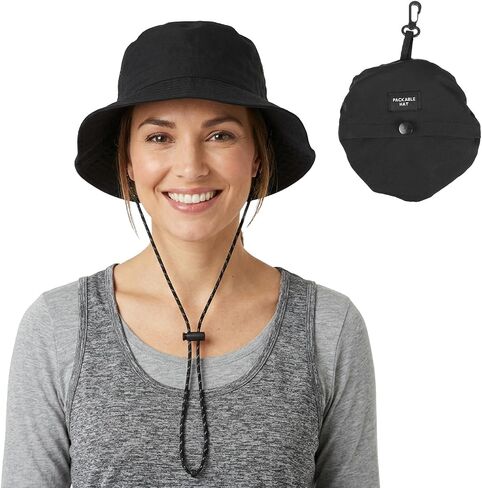 Packable Sun Bucket Hat for Women - Waterproof Quick Dry Bucket Hats, Lightweight UV Protection Hat with Detachable Chin Strap (Black) in Kuwait