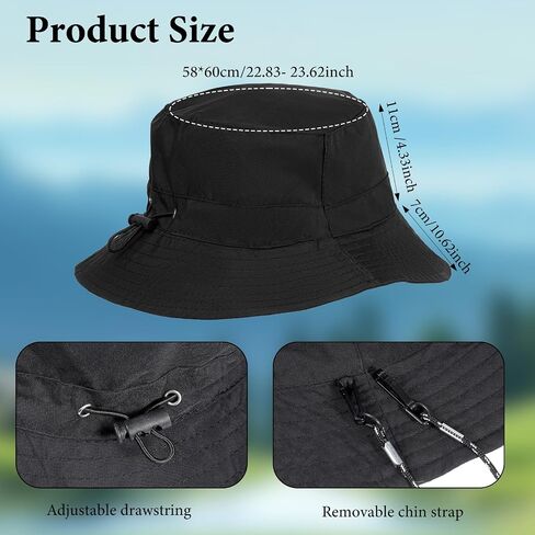 Packable Sun Bucket Hat for Women - Waterproof Quick Dry Bucket Hats, Lightweight UV Protection Hat with Detachable Chin Strap (Black) in Kuwait