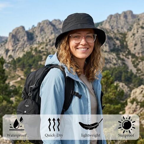 Packable Sun Bucket Hat for Women - Waterproof Quick Dry Bucket Hats, Lightweight UV Protection Hat with Detachable Chin Strap (Black) in Kuwait