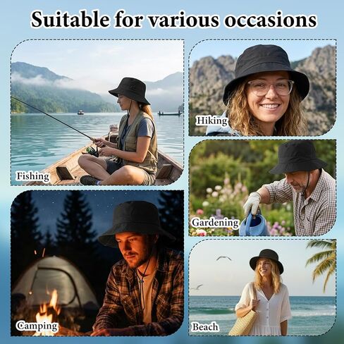 Packable Sun Bucket Hat for Women - Waterproof Quick Dry Bucket Hats, Lightweight UV Protection Hat with Detachable Chin Strap (Black) in Kuwait