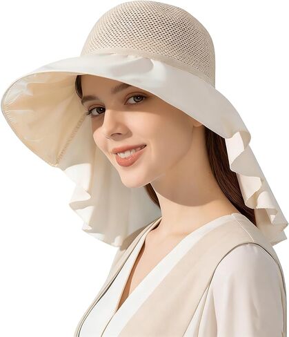 Breathable UV-Mesh-Sun-Bucket-Hats for Women - Summer Wide Brim Bucket Hat with Neck Flap, Fishing Hat for Outdoor in Kuwait