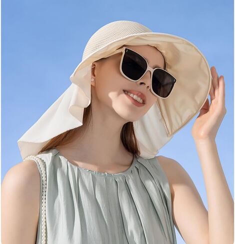 Breathable UV-Mesh-Sun-Bucket-Hats for Women - Summer Wide Brim Bucket Hat with Neck Flap, Fishing Hat for Outdoor in Kuwait