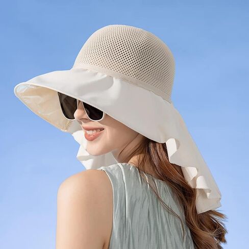 Breathable UV-Mesh-Sun-Bucket-Hats for Women - Summer Wide Brim Bucket Hat with Neck Flap, Fishing Hat for Outdoor in Kuwait