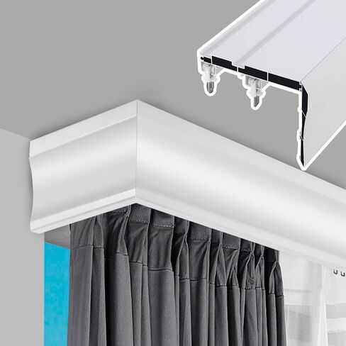 Custom Length Gray Curtain Pelmet & Double Tracks - Metal Drapes Rod with Decorative Valance for Window Treatments, 3m (9.8ft) Ceiling Mount, Stylish Home Décor in Kuwait