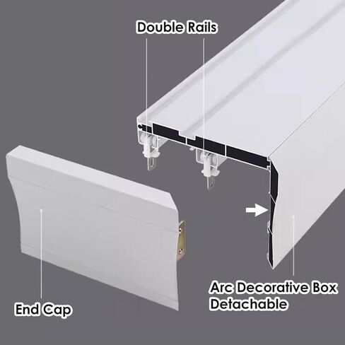 White Ceiling/Wall-Mounted Curtain Track System with Double Tracks, Versatile Room Divider Curtain Boxes for Windows, 2.4m (7.9ft) Valance Rod, Easy Installation in Kuwait