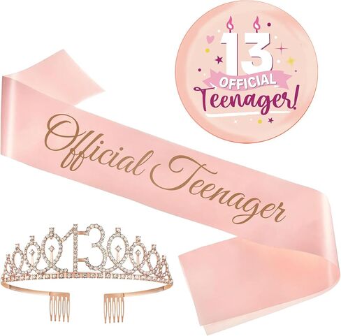 13th Birthday Decorations Teenager Girls - 3 Pcs Rose Gold Official Teenager Sash Tiara Crown Pin Badge Gift Accessories for Girl 13 Year Old Birthday Gifts Party Decor Supplies in Saudi Arabia