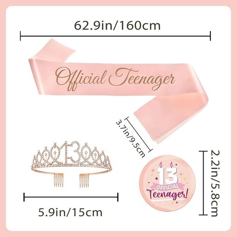 13th Birthday Decorations Teenager Girls - 3 Pcs Rose Gold Official Teenager Sash Tiara Crown Pin Badge Gift Accessories for Girl 13 Year Old Birthday Gifts Party Decor Supplies in Saudi Arabia
