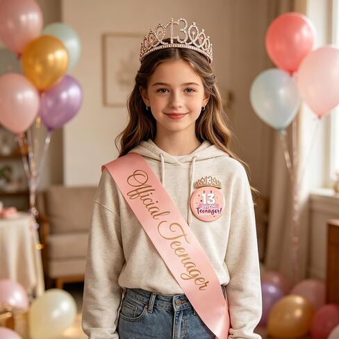 13th Birthday Decorations Teenager Girls - 3 Pcs Rose Gold Official Teenager Sash Tiara Crown Pin Badge Gift Accessories for Girl 13 Year Old Birthday Gifts Party Decor Supplies in Saudi Arabia