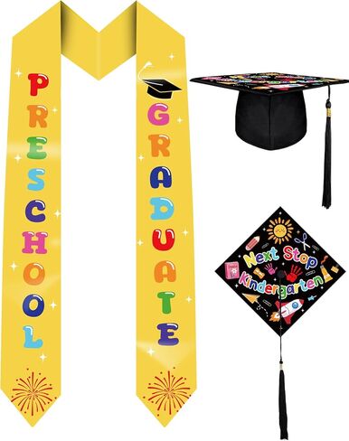 2026 Preschool Graduate Cap and Stole - Unisex Colorful Letter Printed Graduation Stoles for Pre-school in Kuwait