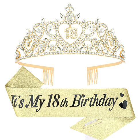 18th Birthday Tiara and Sash Set - Gold Rhinestone Crown with Glitter It's My 18th Birthday Sash Party Supplies Decoration in Saudi Arabia