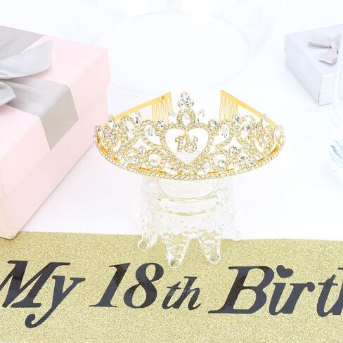 18th Birthday Tiara and Sash Set - Gold Rhinestone Crown with Glitter It's My 18th Birthday Sash Party Supplies Decoration in Saudi Arabia
