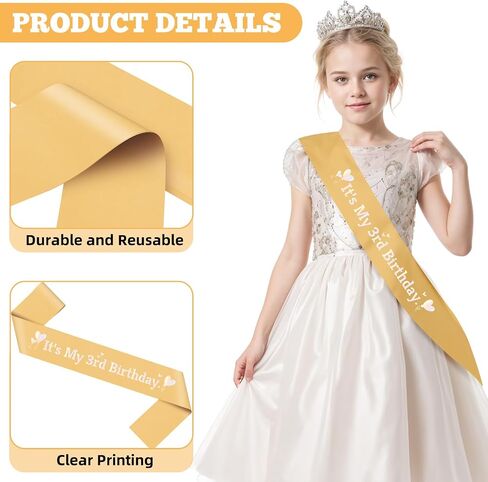 3rd Birthday Decorations for Girls Gold Satin Sash 3 Year Old Birthday Gift for Toddler Girls Princess Daughter Sister Niece Friend Kids Granddaughter Bady Party Decorations Accessory Supplies in Saudi Arabia
