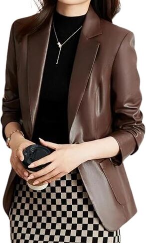 2-Button Lambskin Leather Blazer Women - Casual Coat Long Sleeves Leather Jacket Suit Style for Women in Saudi Arabia