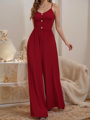 Women’s Spaghetti Strap Sleeveless Jumpsuit - Button Down Front Elastic Waist Wide Leg Romper for Casual Daily Wear in Kuwait