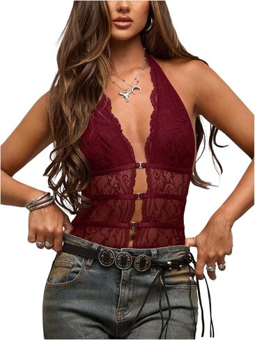 MakeMeChic Women's Lace Hollow Out Bodysuit Sleeveless Backless Halter Top Party Rave Club Body Suits in Kuwait