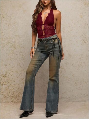 MakeMeChic Women's Lace Hollow Out Bodysuit Sleeveless Backless Halter Top Party Rave Club Body Suits in Kuwait