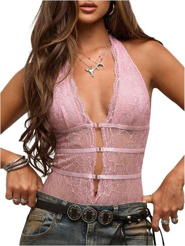 MakeMeChic Women's Lace Hollow Out Bodysuit Sleeveless Backless Halter Top Party Rave Club Body Suits in Kuwait
