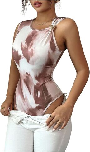 Women's Tie Dye Sleeveless Bodysuit Summer Metal Decor Crew Neck Going Out Leotard Tops in Kuwait
