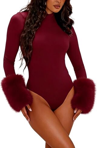Unybwonn ملابس داخلية طويلة الأكمام للنساء مثير فو الفراء الكفة بدلة للجسم ريشة Bodycon الخروج ملابس النادي رومبير in Kuwait