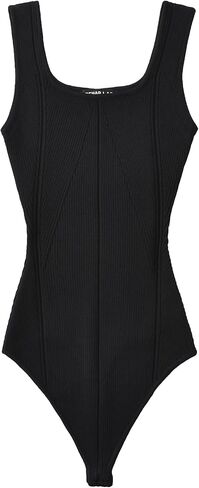 efvandoloe Women Elastic Slim Ribbed Knit Square Neck Bodysuit Sleeveless Seamed Top with Snap Closure Jumpsuits in Saudi Arabia