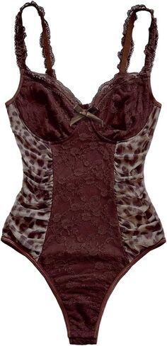 BEAUDRM Women's Sexy Lace Bodysuit Leopard Tummy Control Bodysuits Cheetah Mesh Party Rave Club Outfits in Kuwait