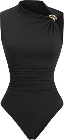 SweatyRocks Women's Asymmetrical Neck Sleeveless Bodysuits Ruched Ring Tank Bodysuit Leotard in Kuwait